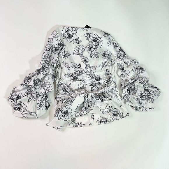 White House Black Market Poplin Top Womens Jasmine White 4 Ruched Sleeve Tie NEW - Picture 11 of 12